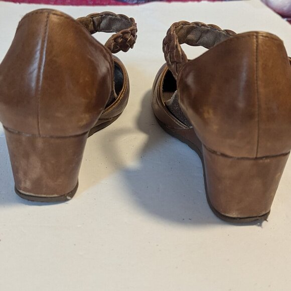 Aetrex Mia Braid Sandal Mary Jane Wedge Leather Size 39 Boho Brown - Picture 8 of 9